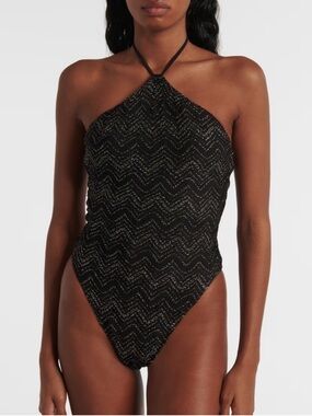 Missoni zig zag metallic crochet knit swimsuit in black NWT